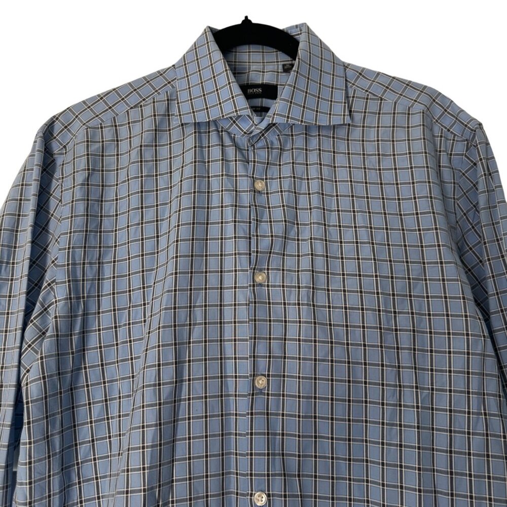 Boss Hugo Boss Men's Sharp Fit Blue Checkered Cotton Dress Shirt, Size 16 32/33 - Picture 3 of 7